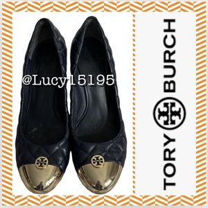 Tory Burch Kaitlin Navy Leather Wedges With Gold Metal Cap Toe